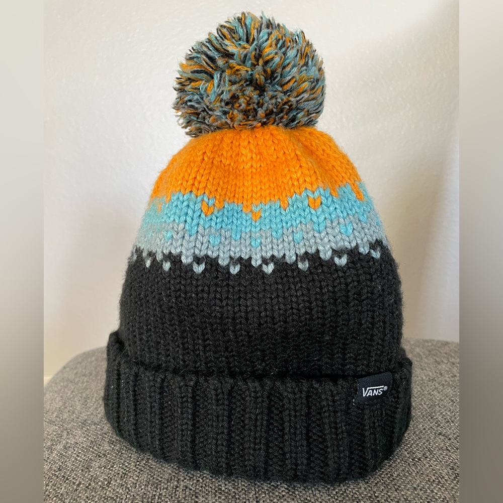 Vans Classic, Vintage Style,  Knit Pom Pom, Winter Snow Hat. Blue Orange